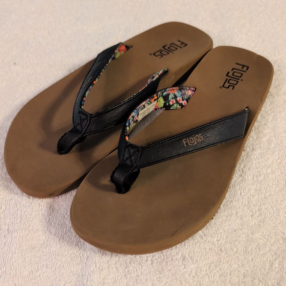 Flojos Ladies' Flip Flops Black Women Sandals Sz 9 Hawaiian Fabric Lining